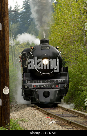 Il Royal Hudson, 2860 si inerpica su per la collina di Kennedy attraverso Surrey, BC. Eseguire su un Westcoast al Museo Ferroviario di escursione. Foto Stock