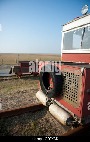 Carro ferroviario che collega Hallig Langeneß a Hallig Oland e la terraferma, utilizzati per il trasporto di merci e di passeggeri attraverso il Mare del Nord Foto Stock