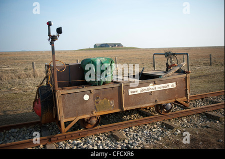 Carro ferroviario che collega Hallig Langeneß a Hallig Oland e la terraferma, utilizzati per il trasporto di merci e di passeggeri attraverso il Mare del Nord Foto Stock