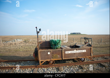 Carro ferroviario che collega Hallig Langeneß a Hallig Oland e la terraferma, utilizzati per il trasporto di merci e di passeggeri attraverso il Mare del Nord Foto Stock