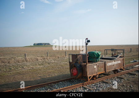 Carro ferroviario che collega Hallig Langeneß a Hallig Oland e la terraferma, utilizzati per il trasporto di merci e di passeggeri attraverso il Mare del Nord Foto Stock