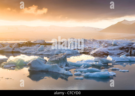 Iceberg,sull'Jokulsarlon laguna glaciale al tramonto, Islanda, regioni polari Foto Stock