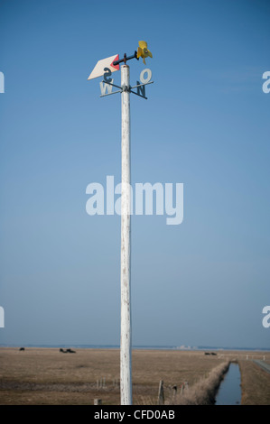 Pole ha indicato la direzione del vento e i quattro direzione geografica in un pascolo di Hallig Langeneß, un mare di Wadden island Foto Stock