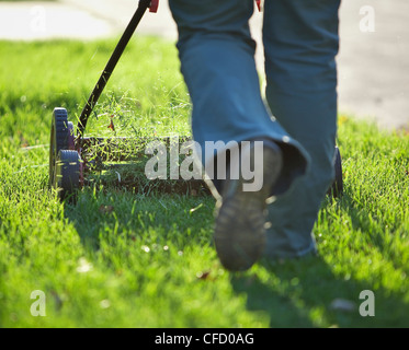 Donna taglio erba con rispettosa dell'ambiente tosaerba. Winnipeg, Manitoba, Canada. Foto Stock