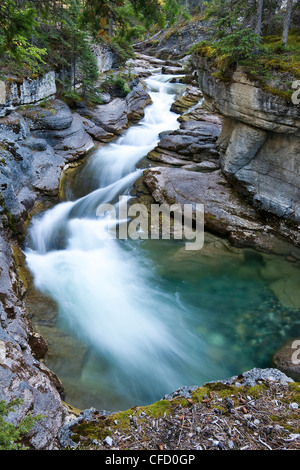 Fiume Maligne serpeggianti su rocce attraverso piccole Gorge, il Parco Nazionale di Jasper, Alberta, Canada Foto Stock