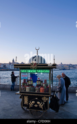 Chiosco alimentare sul Golden Horn dal Ponte Galata, situato nel distretto di Eminönü di Istanbul, Turchia. Foto Stock