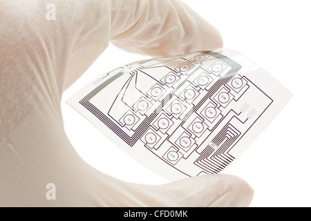 Il tecnico tenendo un circuito elettrico flessibile formato Foto Stock