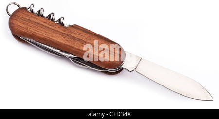 Multifunzione coltello in legno isolato su sfondo bianco Foto Stock