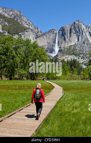 Gli escursionisti a piedi verso l'alto Yosemite Falls, Yosemite Valley, del Parco Nazionale Yosemite, Sierra Nevada, in California, Stati Uniti d'America Foto Stock