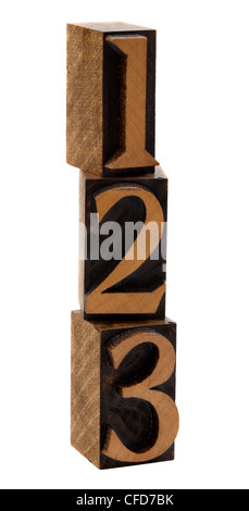 1, 2, 3 numeri in legno vintage rilievografia blocchi, macchiato dall'inchiostro nero, impilati verticalmente, isolato su bianco Foto Stock