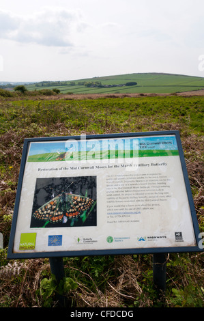 Un segno sulla Tregonetha Downs nella metà di Cornovaglia dettagli il restauro della zona di conservare il Marsh Fritillary Butterfly Foto Stock