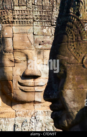 Dettaglio della scultura, tempio Bayon, risalente al XIII secolo, Angkor, Sito Patrimonio Mondiale dell'UNESCO, Siem Reap, Cambogia Foto Stock