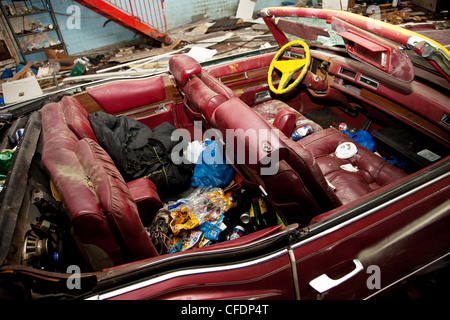 Una Cadillac si siede di vandalismo in un capannone abbandonato abitato da vagabondi in sette sorelle, Tottenham, Londra. Foto Stock