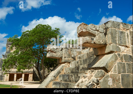 La testa del serpente in antiche rovine Maya, Chichen Itza, Sito Patrimonio Mondiale dell'UNESCO, Yucatan, Messico Foto Stock