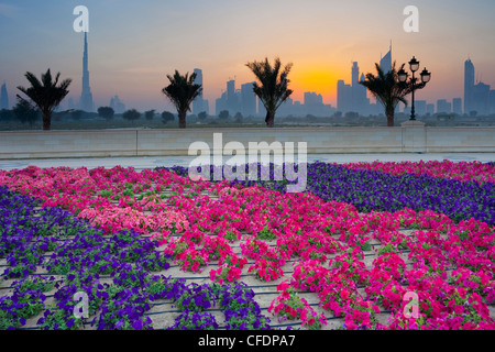Fiori e palme di fronte skyline al tramonto, Dubai, Emirati Arabi Uniti, Emirati Arabi, Asia Foto Stock