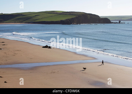 Walker sulla spiaggia, Bigbury sul mare, Devon, Inghilterra, Regno Unito, Europa Foto Stock