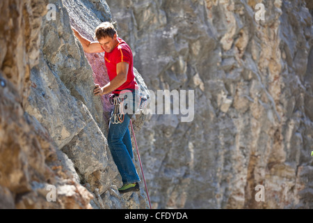 Un maschio rockclimber salendo a Echo Canyon, Canmore, Alberta, Canada Foto Stock