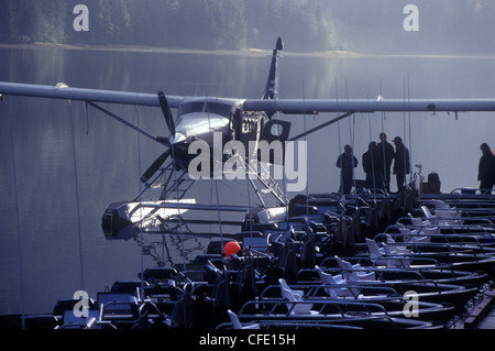 Float Plane attende dock early morning mist Regina Foto Stock