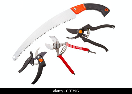 Giardino secateurs e seghetto isolato su uno sfondo bianco Foto Stock