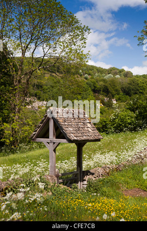 Regno Unito, Gloucestershire, Stroud, Sheepscombe, fiori selvatici intorno lych cancello che conduce al cimitero del villaggio Foto Stock