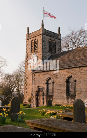 Sventola sulla pittoresca chiesa di St Peter tower, narcisi & lapidi nel cimitero - sunny serata primaverile, villaggio Addingham, nello Yorkshire, Inghilterra. Foto Stock