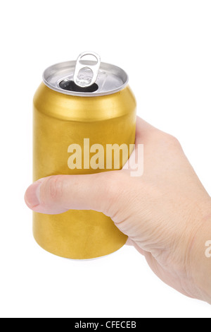 Un giallo lattina di birra con sfondo bianco Foto Stock