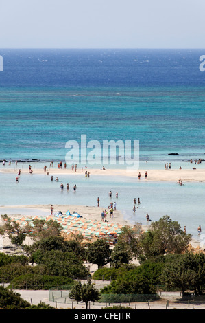 Il vivace poco profonde acque turchesi del telecomando semi spiaggia tropicale di Elafonissi si trova nell'angolo sud-occidentale di Creta Foto Stock