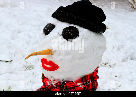 Pupazzo di neve con gli occhi di carbone e sciarpa tartan Foto Stock