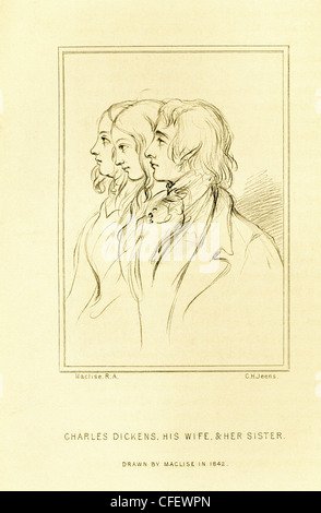 Questo disegno di Daniel Maclise mostra Charles Dickens con sua moglie Caterina e sua sorella Maria Scott Hogarth. Foto Stock