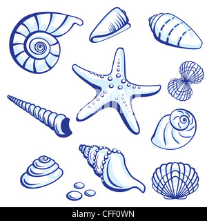 Set di mare da Starfishes e Cockleshells. illustrazione su sfondo bianco. Foto Stock