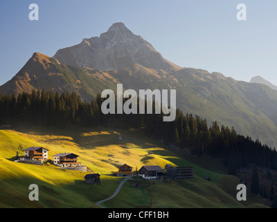 Vista della cascina sul prato alpino e Biberkopf mountain, Alpi Lechtaler, Vorarlberg, Austria, Europa Foto Stock