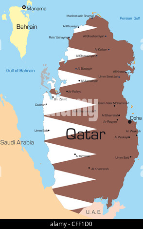 Vettore astratto colore Mappa di Qatar paese colorato da bandiera nazionale Foto Stock