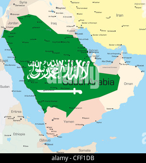 Vettore di astratta mappa a colori di Arabia Saudita paese colorato da bandiera nazionale Foto Stock