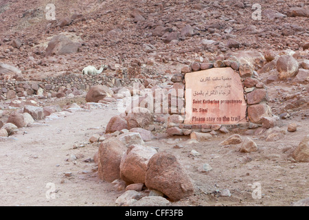 Segno all'inizio del cammello sentiero fino alla vetta del Monte Sinai, Santa Caterina monastero, Egitto Foto Stock