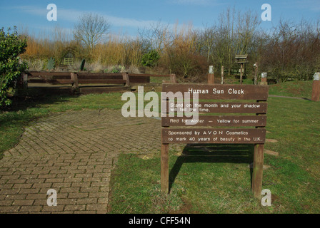 Sun umana Orologio, con indicazioni del cartello in legno, Brixworth Country Park, Northamptonshire Foto Stock