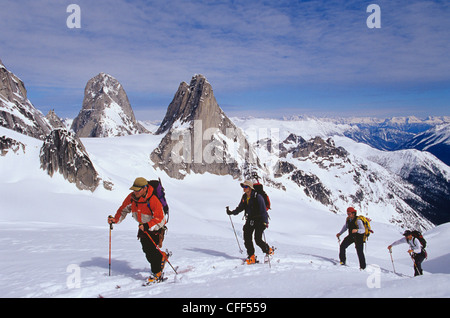 Gli sciatori Backcountry ski touring su Bugaboo Glacier, British Columbia, Canada. Foto Stock