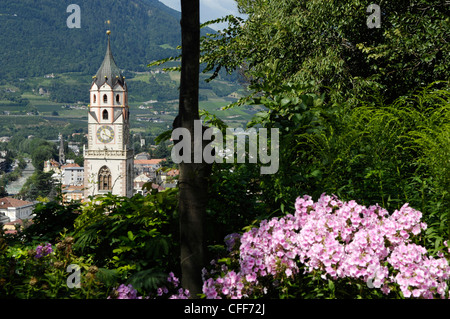 Vista dalla Passeggiata Tappeiner sulla steeple nella luce del sole, Merano, Alto Adige, Alto Adige, Italia, Europa Foto Stock