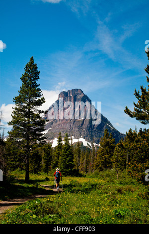 Un vecchio uomo cammina lungo un periodo di prova nel mezzo della giornata su un cielo blu chiaro giorno con una montagna di distanza. Foto Stock