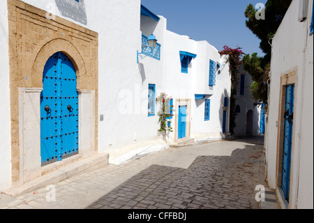 Idi Bou Said. La Tunisia. Vista del tipico abbastanza tranquillo vicolo ciottoli rivestiti con pareti dipinte di bianco e porte blu e blu Foto Stock