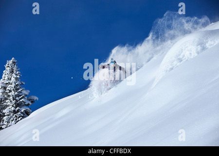 Un athletic sciatore lacerazioni profonde fresco in polvere si trasforma nel backcountry in una giornata di sole in Colorado. Foto Stock