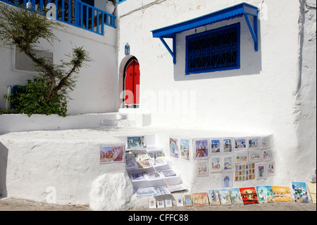 Sidi Bou Said. La Tunisia. Vista dei dipinti di souvenir in vendita presso il pittoresco angolo dipinto di bianco in cima alla scogliera del villaggio di Sidi Bou Foto Stock