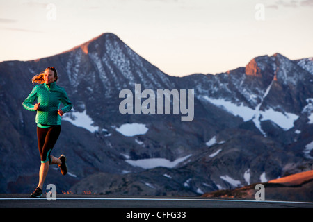 Un atletico donna corre lungo Trail Ridge Road (12,183 piedi) vicino al suo apice di sunrise, Rocky Mountain National Park, Colorado. Foto Stock