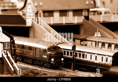 Modellismo Ferroviario che mostra vari treni e modelli Foto Stock