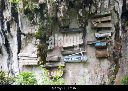Uno sguardo più da vicino di appendere le bare in Sagada, Filippine. Un modo unico di rituali in Asia. Foto Stock