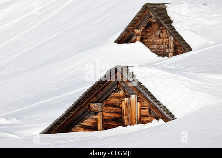 Vecchie case intrappolato da una tempesta di neve, Svizzera Foto Stock