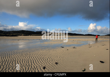 Spiaggia a Knockvologan sull'Isle of Mull con l'isola di Erraid in background Foto Stock