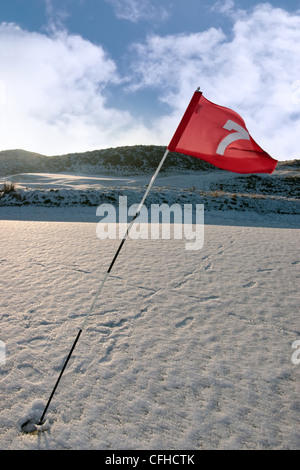 Bandiera su una coperta di neve del campo da golf links in Irlanda in inverno Foto Stock