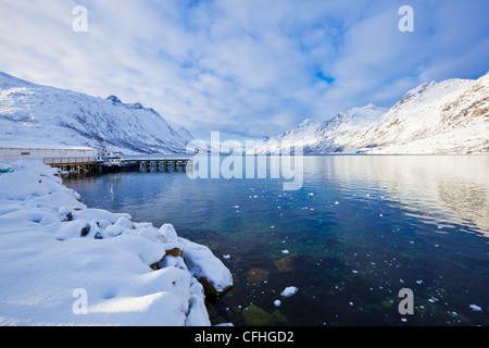 Montagne coperte di neve e porto di pesca porto Molo nel villaggio di Ersfjord, isola Kvaloya,Scandinavia Troms, Norvegia, Europa Foto Stock