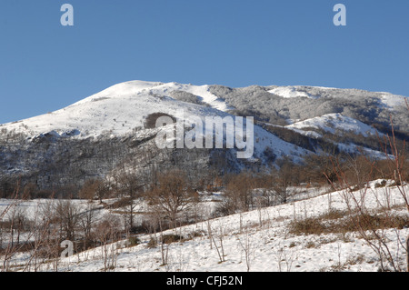 Paesaggio innevato sull'Appennino Lucano, Basilicata, Italia Foto Stock
