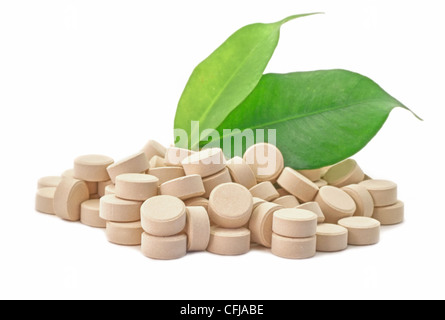 Bio pillole medicina con foglia verde Foto Stock